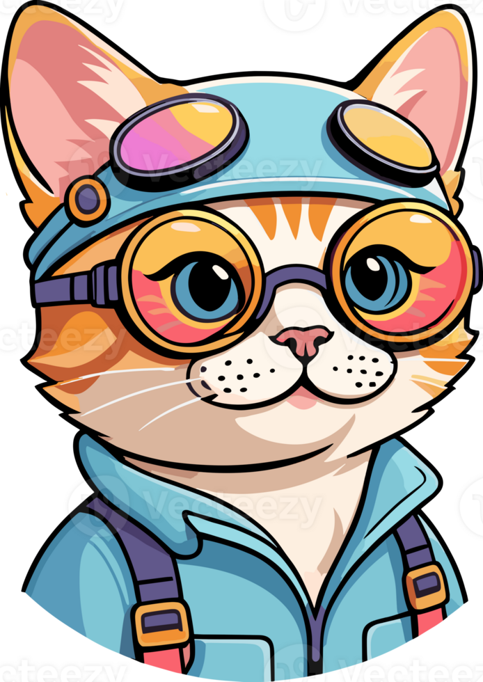 AI generated Cute cool pilot cat wearing sunglasses and helmet cartoon illustration, design element for kids, summer decoration, baby shower, nursery, funny, mascot, pet shop, cat logo, cat poster png