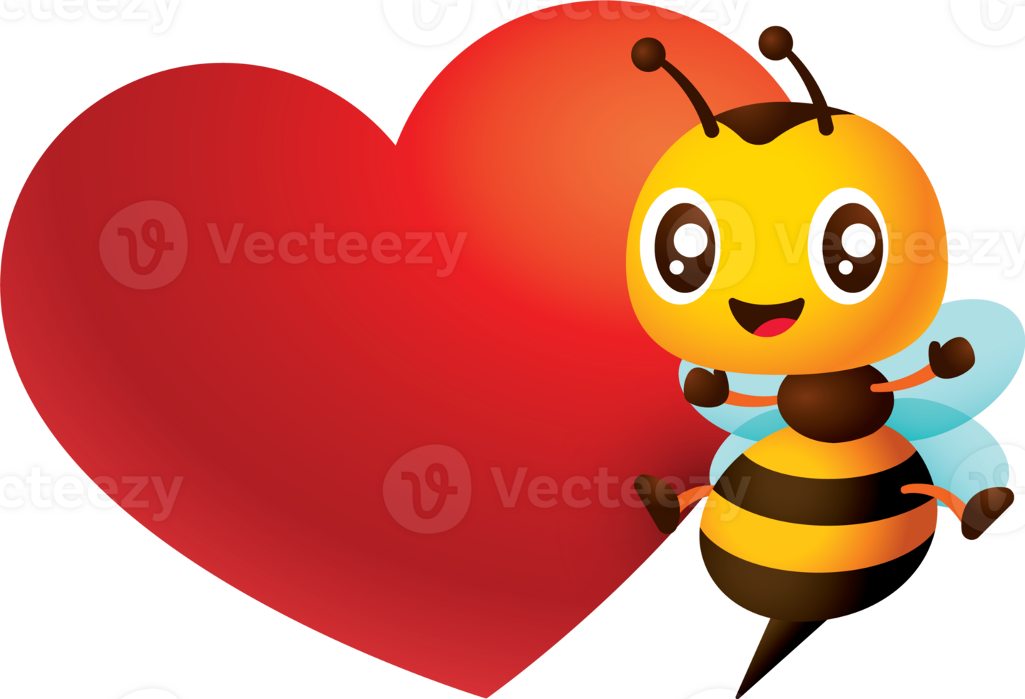 Cartoon cute honey bee with big love heart empty signboard character illustration png