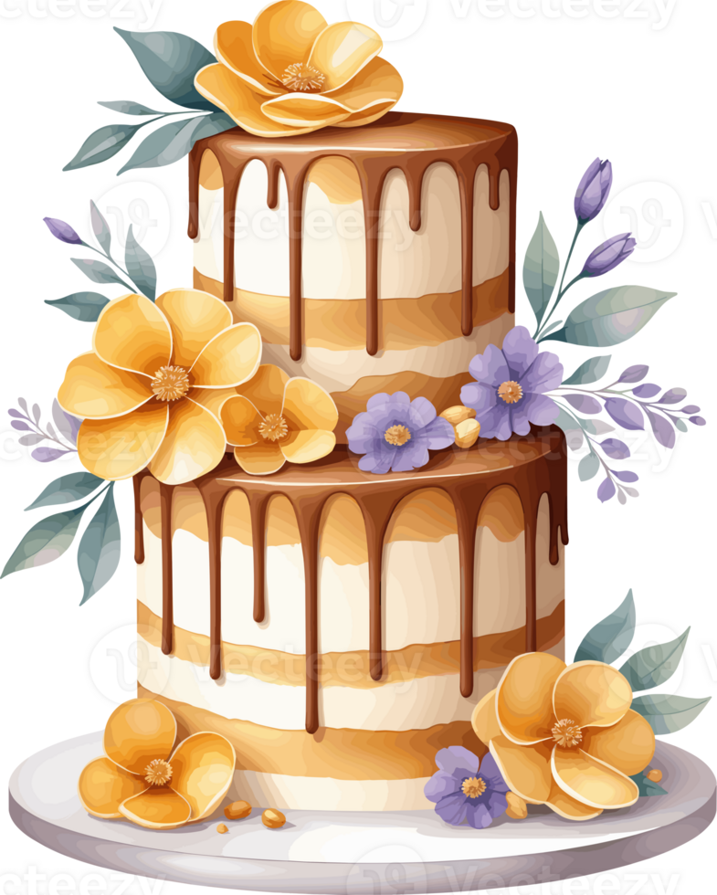 AI generated Layer caramello cake decorated by flowers clipart isolated on transparent background png, tasty design elements for dessert, cafe, food, bakery decoration, luscious cake, special occasion png