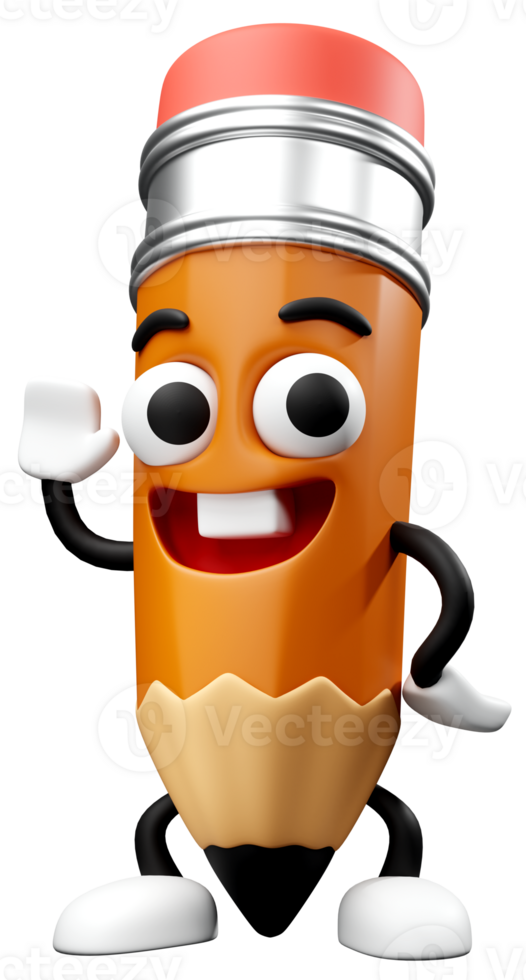 3D cartoon smiling pencil waving hand character mascot illustration. Back to school concept png