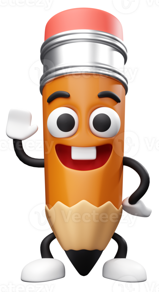 3D cartoon smiling pencil waving hand character mascot illustration. Back to school theme png