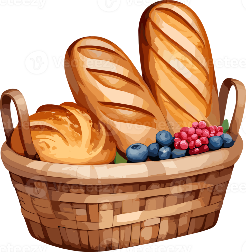 AI generated Watercolor delicious fresh bread and berries in woven basket cartoon, isolated illustration, graphic design element, picnic food, bakery, breakfast essentials, recipe, bread clipart, logo png