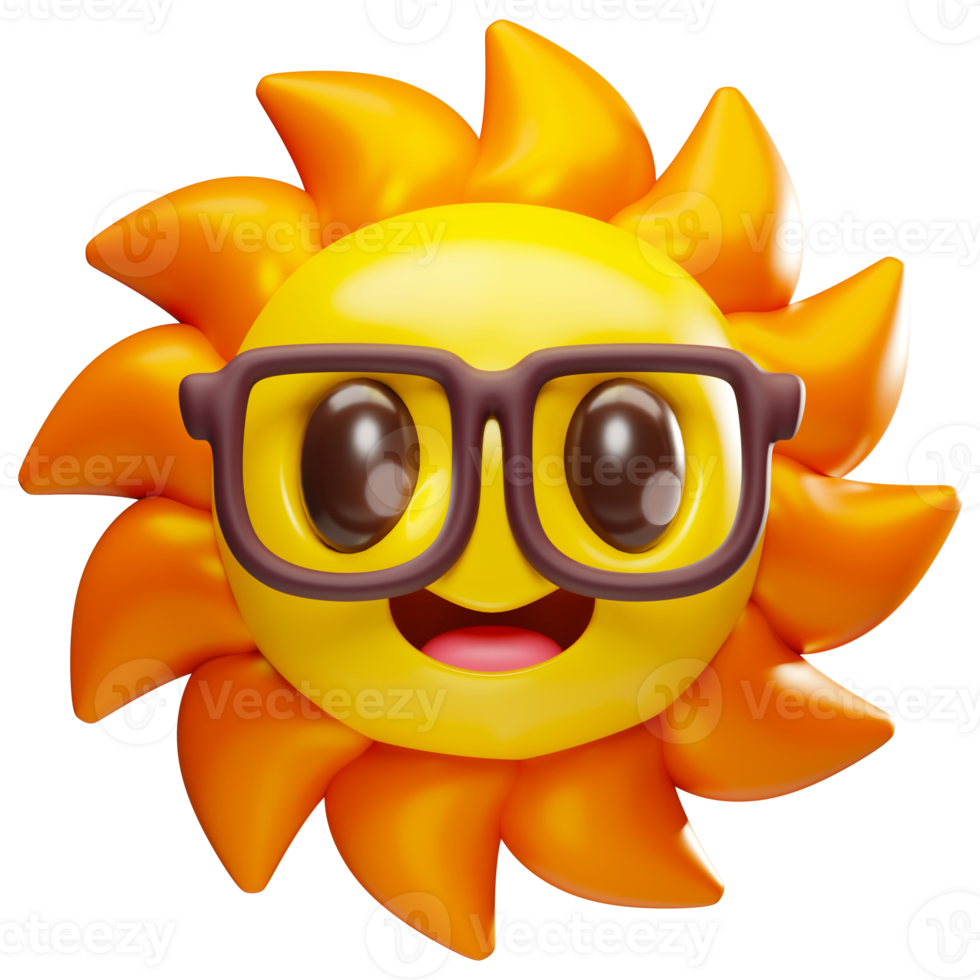 3D cute cartoon shining sun character mascot with glasses illustration. Summer hot weather vacation theme png