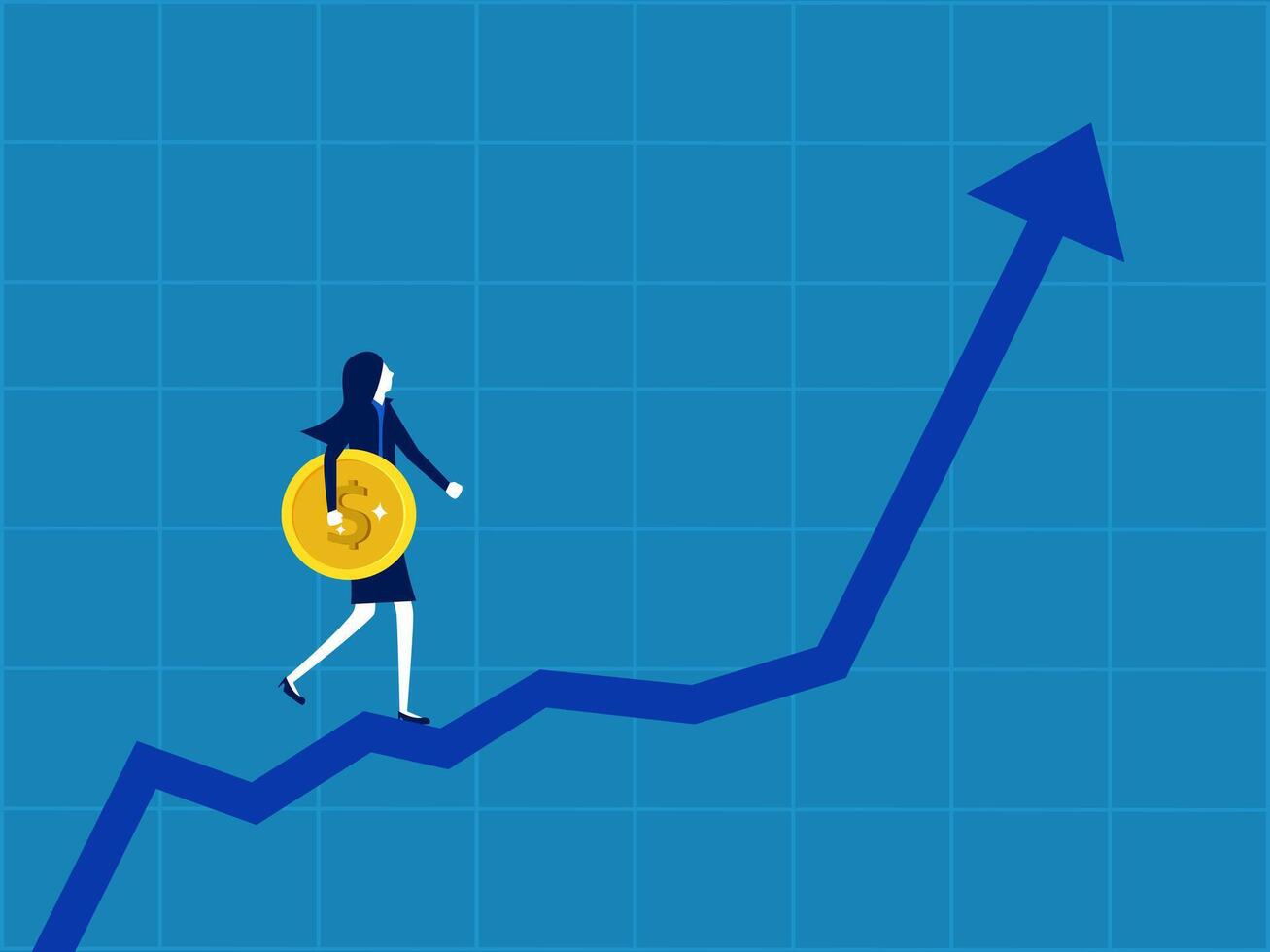 Manage profits. Businesswoman holding coin walking on growing graph vector