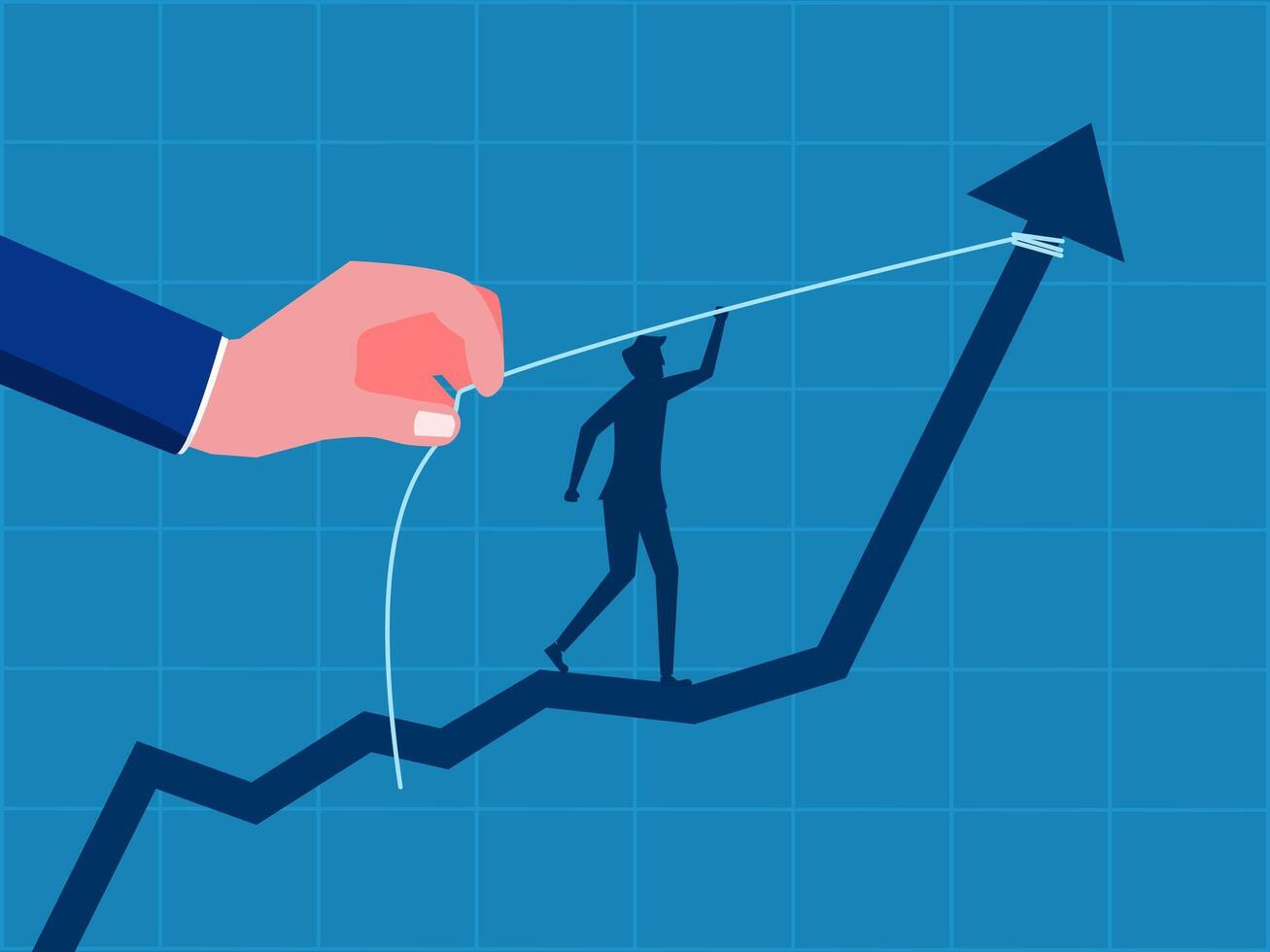 Growth planning. Businessman standing in helping hand pulling increasing graph vector