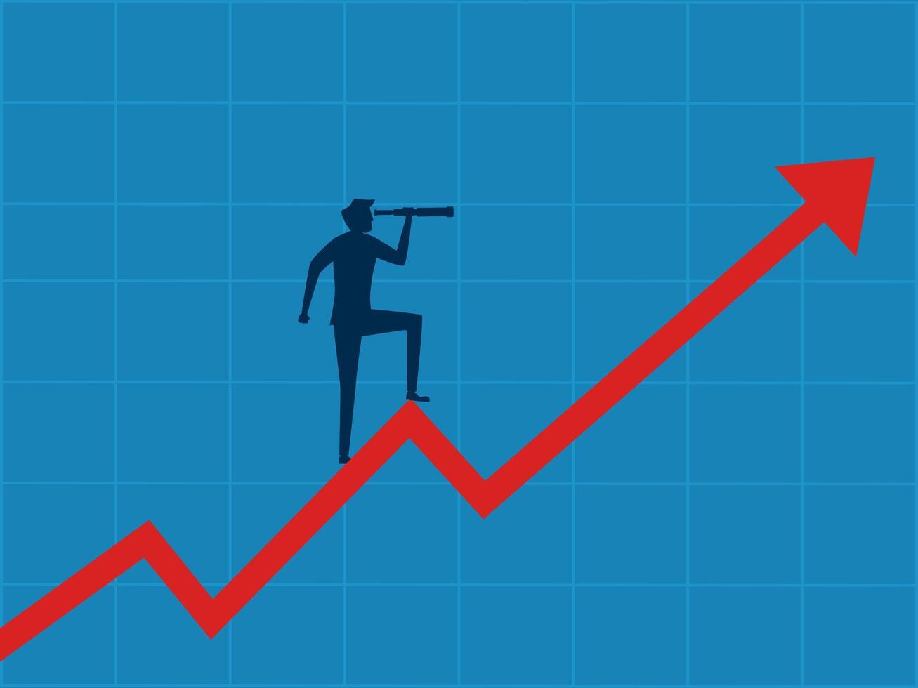 Businessman uses a telescope to look at a stock graph with a growth arrow vector