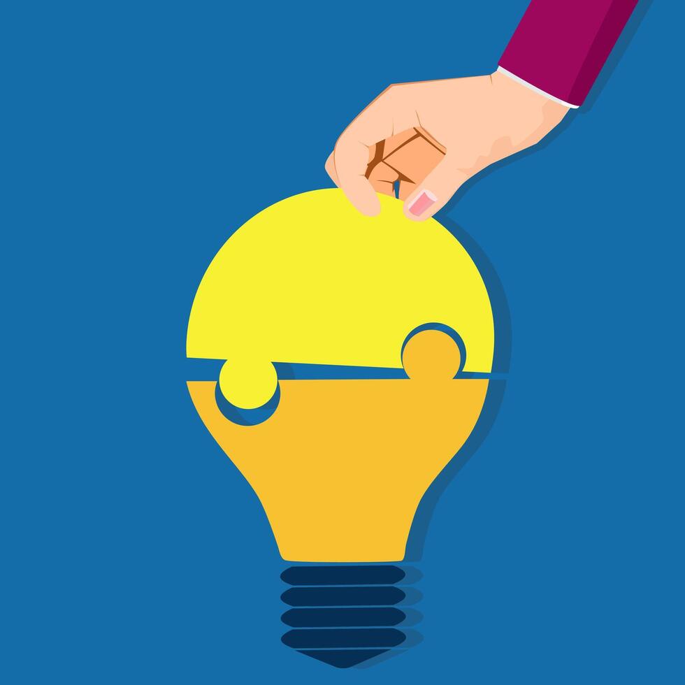 Build a jigsaw light bulb with human hands. business vector