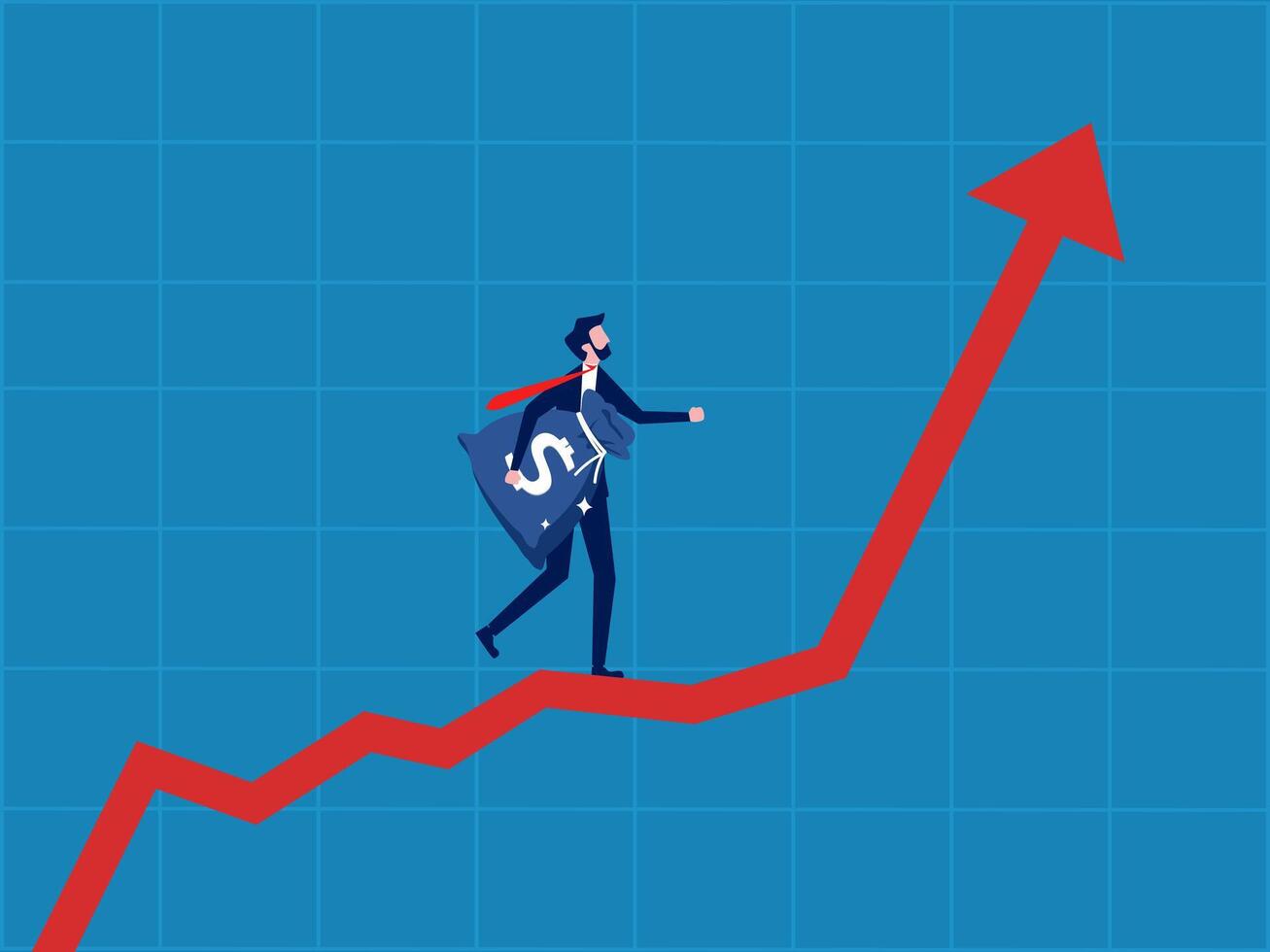 Profit plan. Businessman holding a bag of money walking on a growing graph vector