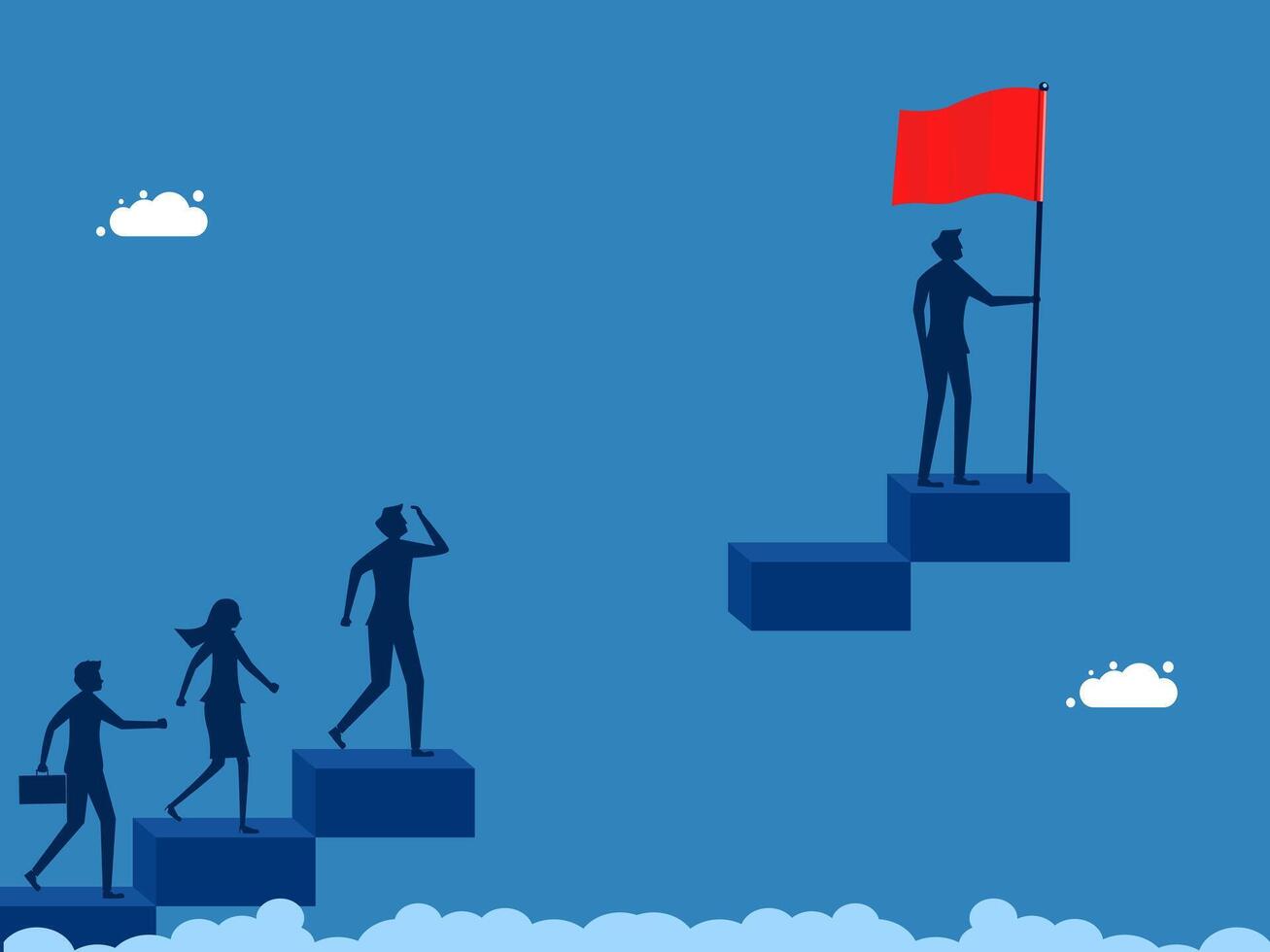 business people climbing up a ladder to reach a red flag vector