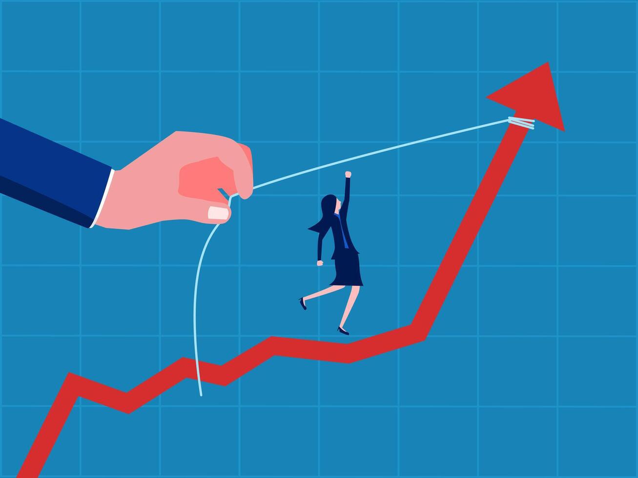 Investment ideas. Businesswoman in helping hand pulling increasing graph vector