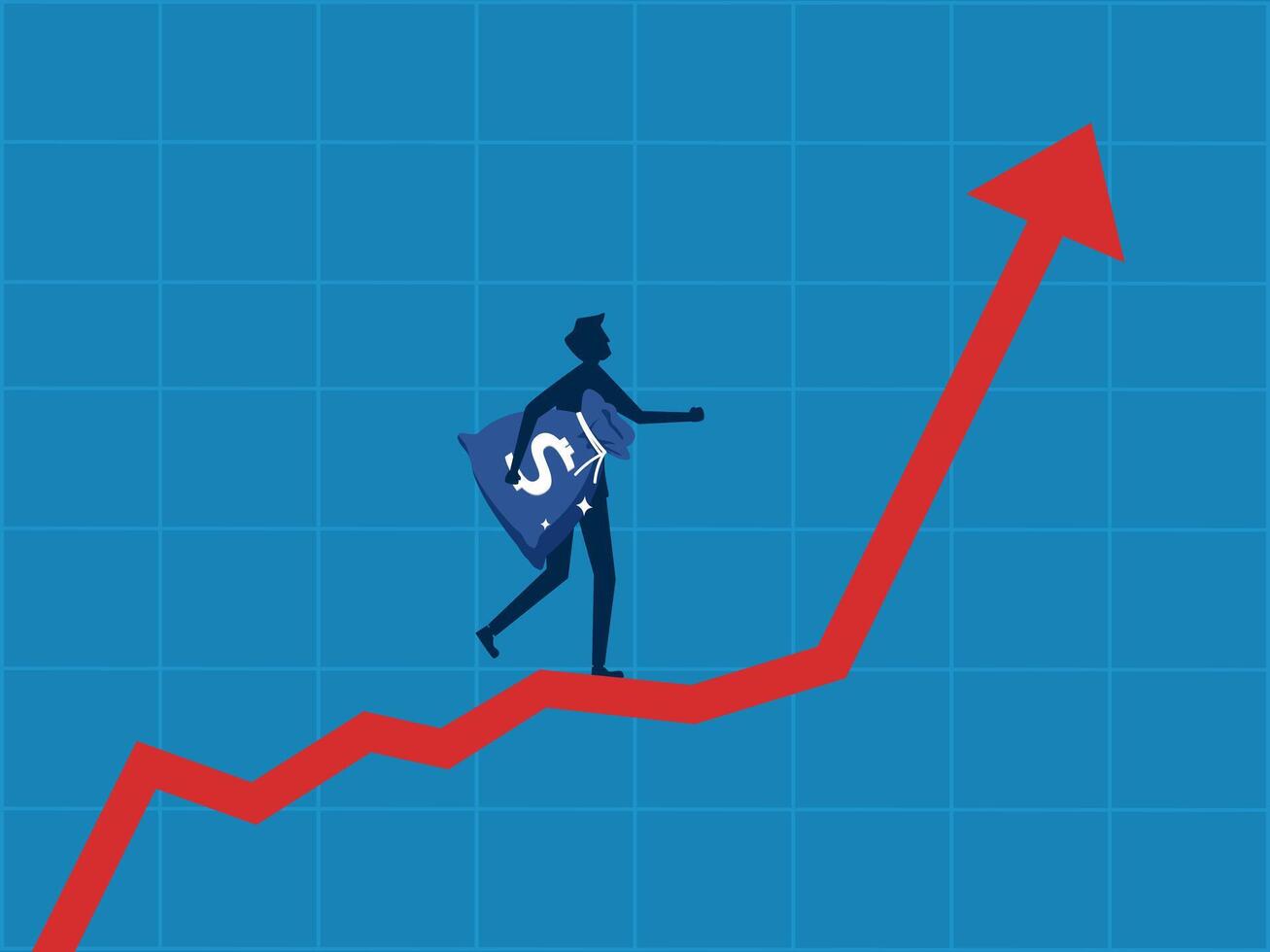 Strategy to create profit. Businessman holding a bag of money walking on a growing graph vector
