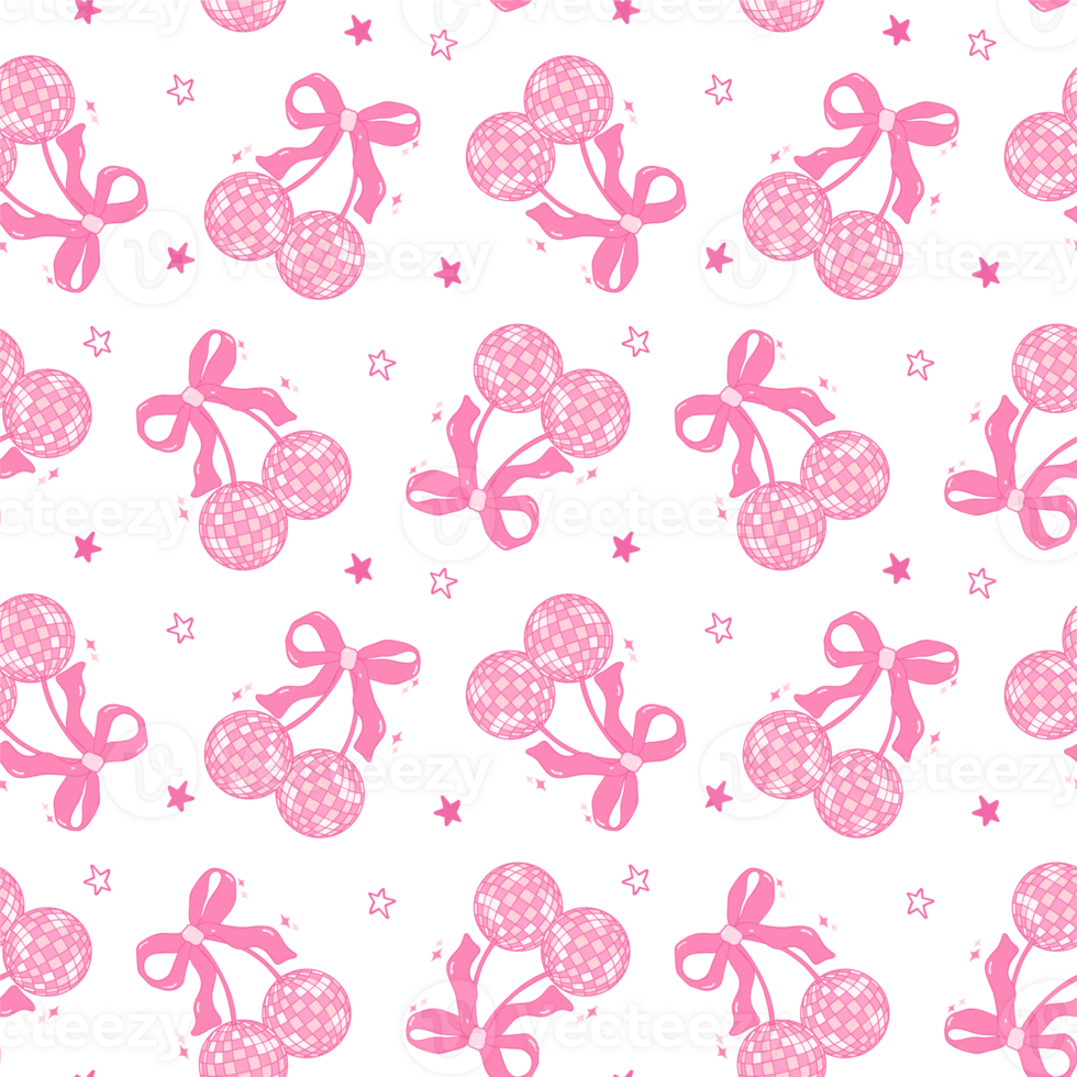 Coquette Disco ball cherry seamless pattern png