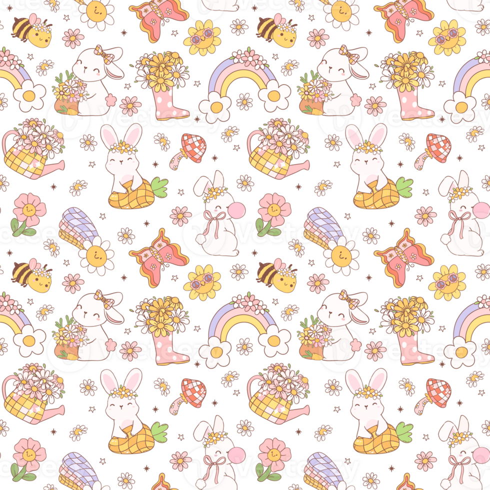 Retro spring bunny pattern seamless doodle png