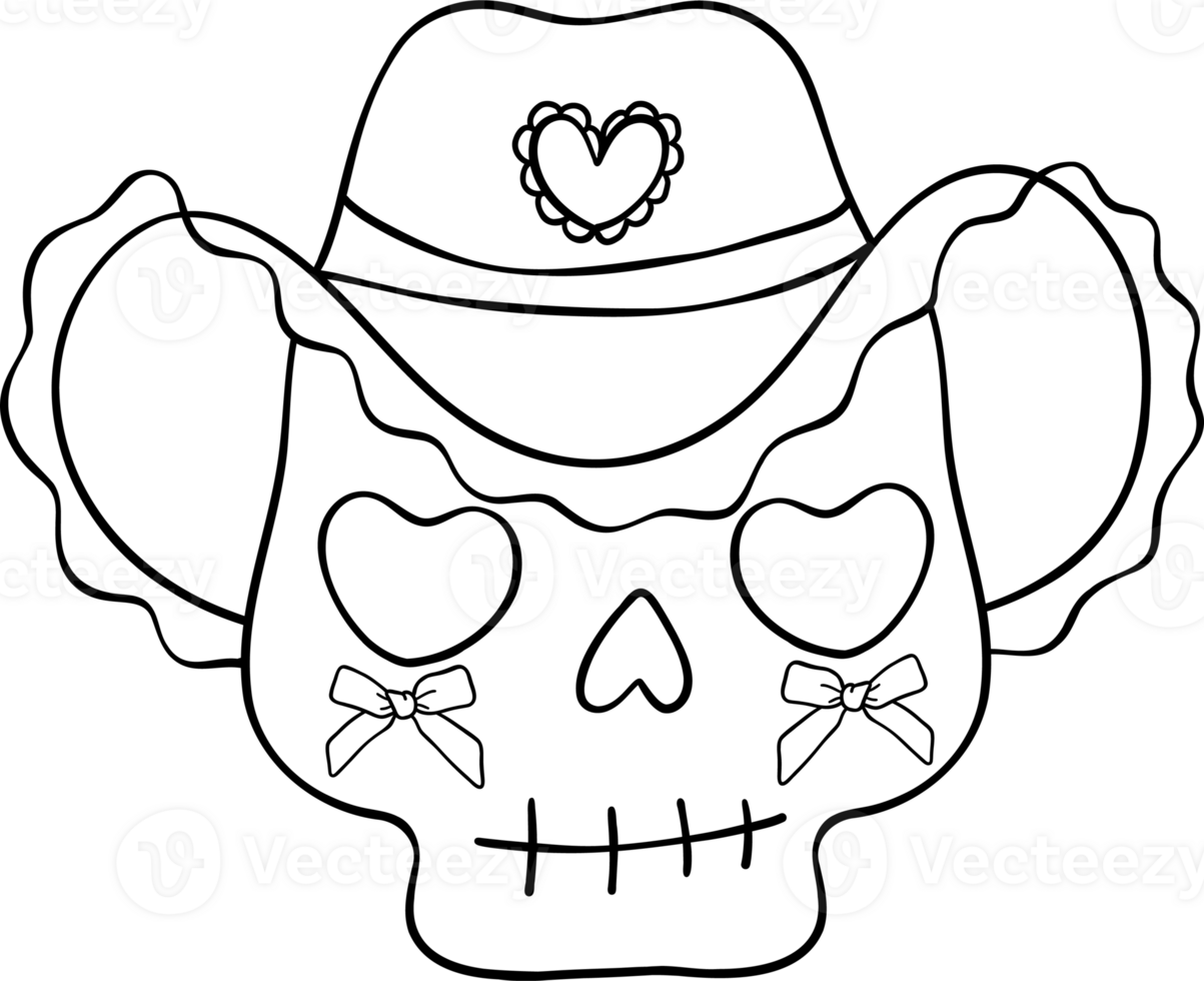 Coquette cowgirl skull outline for coloring png
