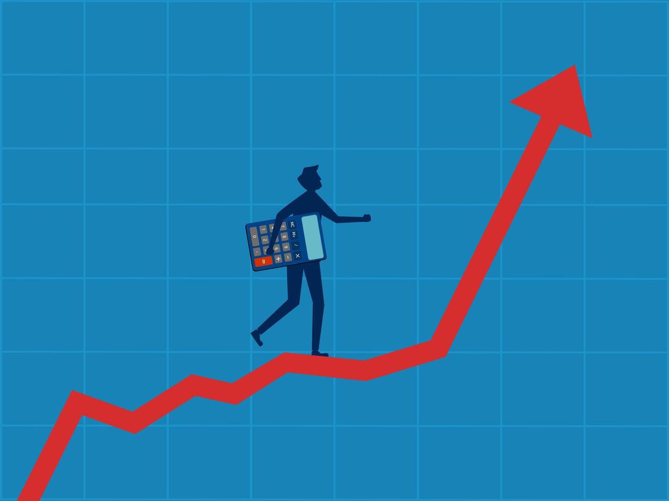 Financial plan. Businessman holding a calculator walks up on a growing graph vector