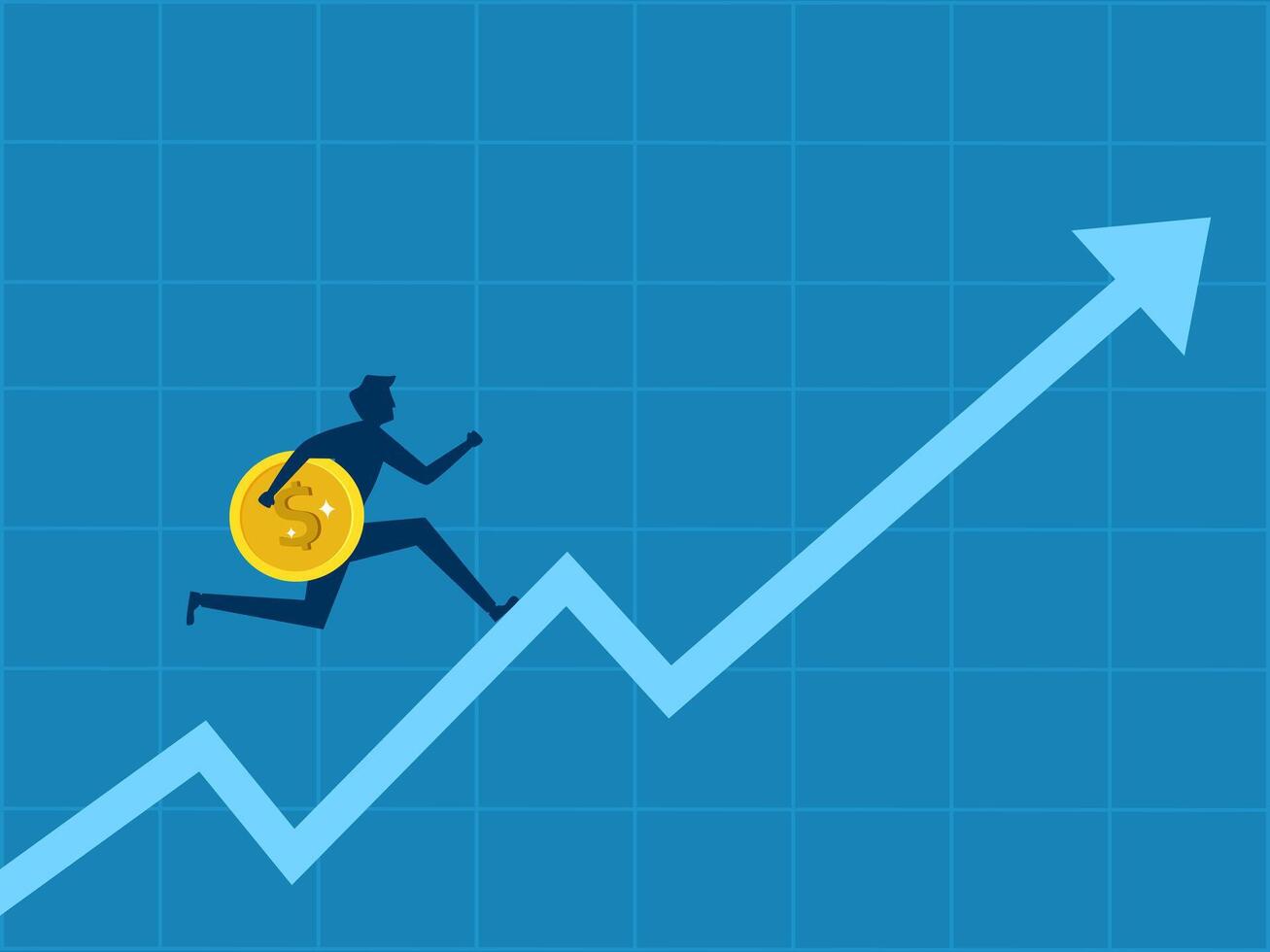 Plan to invest. Businessman holding a coin running up on a growing graph vector