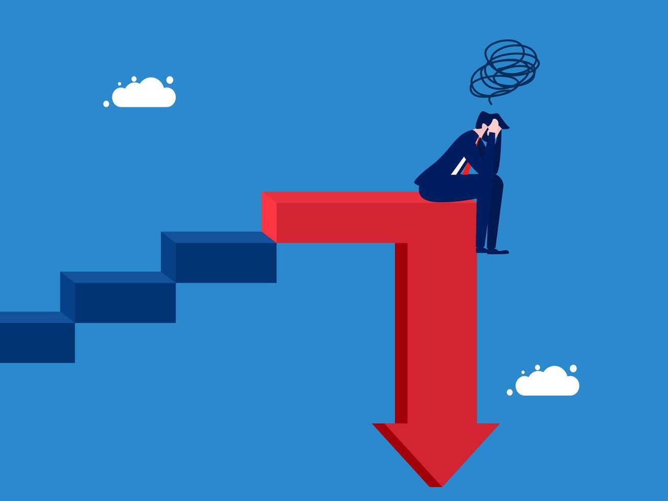 Worried crisis. Businessman stressed on stairs with arrow pointing down vector