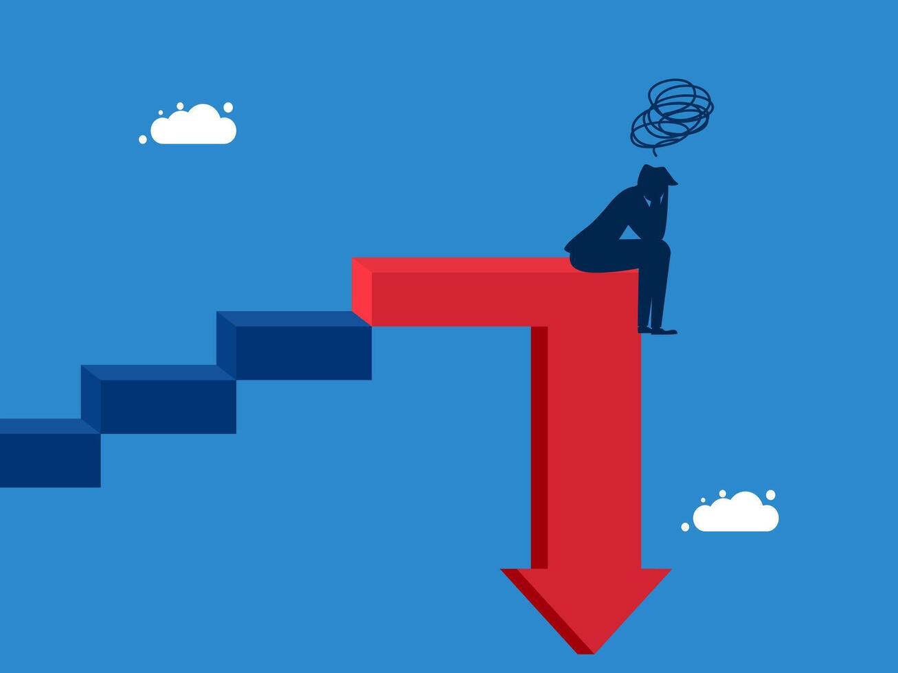 Crisis. Businessman stressed on stairs with arrow pointing down vector