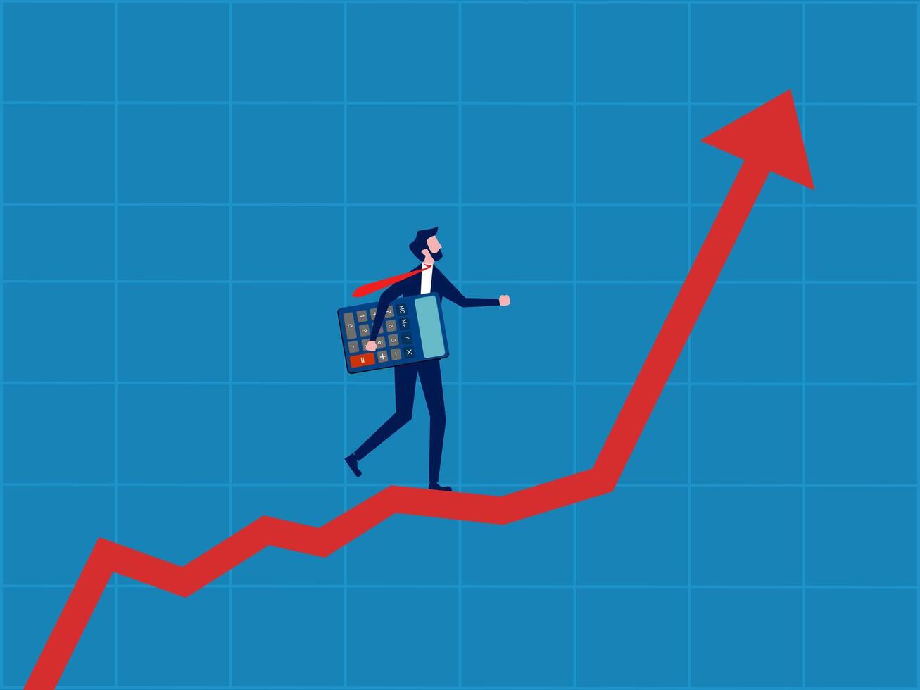 Investment plan. Businessman holding a calculator walks up on a growing graph vector