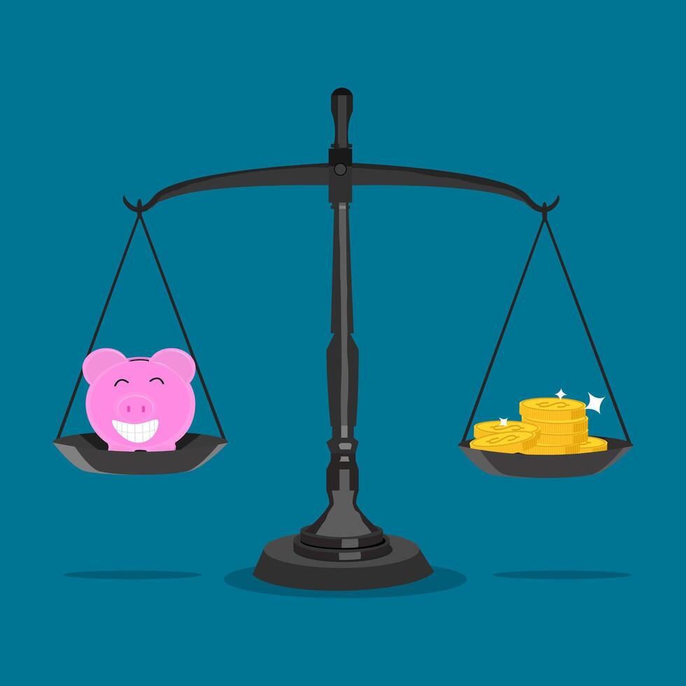 Scales and piggy banks. Concept of saving money and investing vector