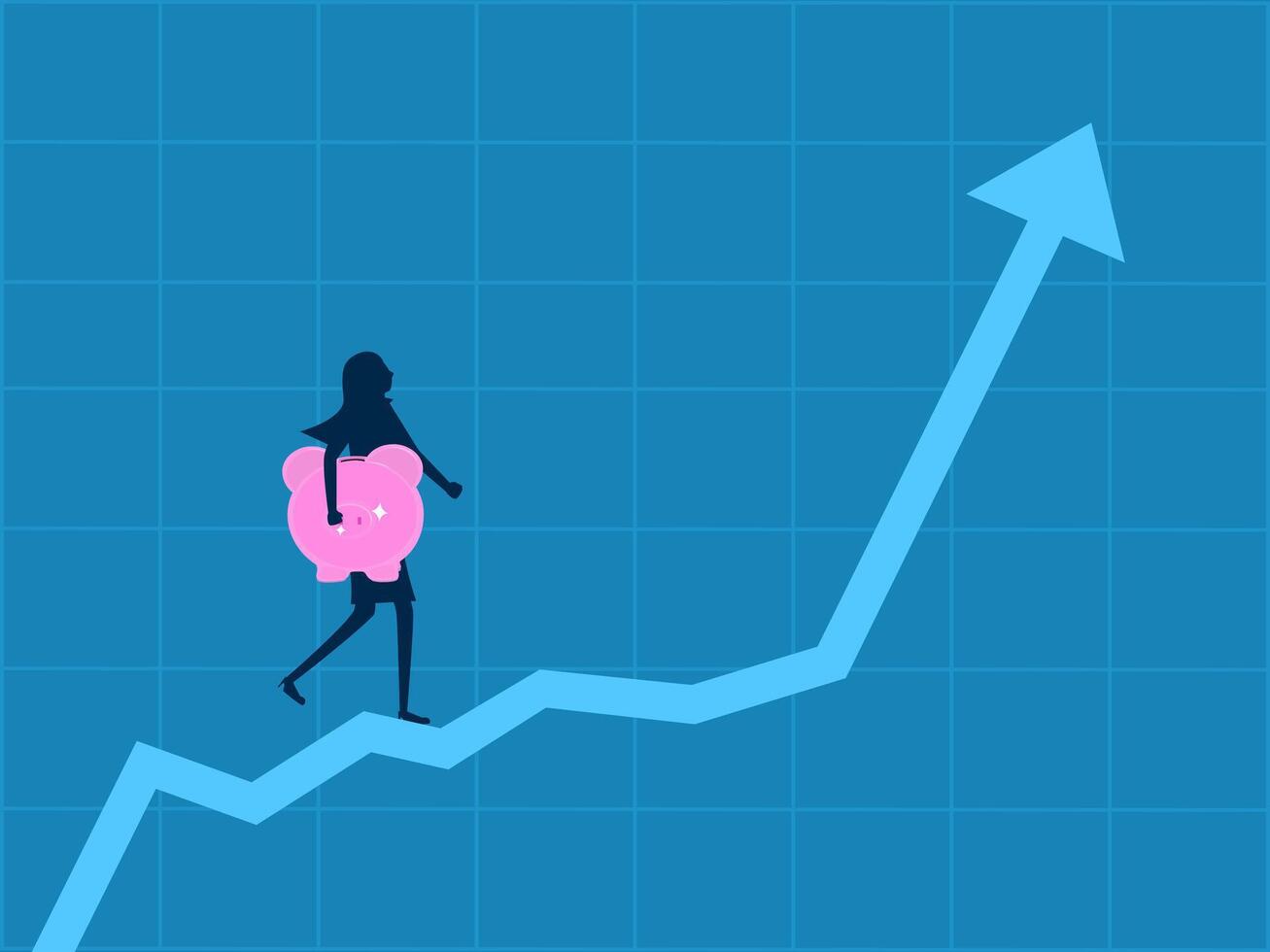 Savings and investment plans. Businesswoman holding a piggy bank walking on a rising graph vector