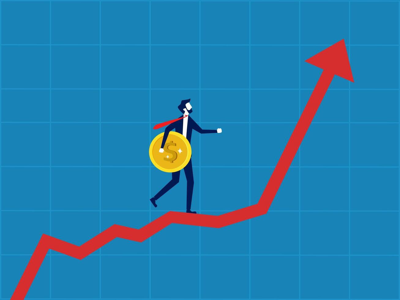 Plan to invest. Businessman holding coin walking on growing graph vector