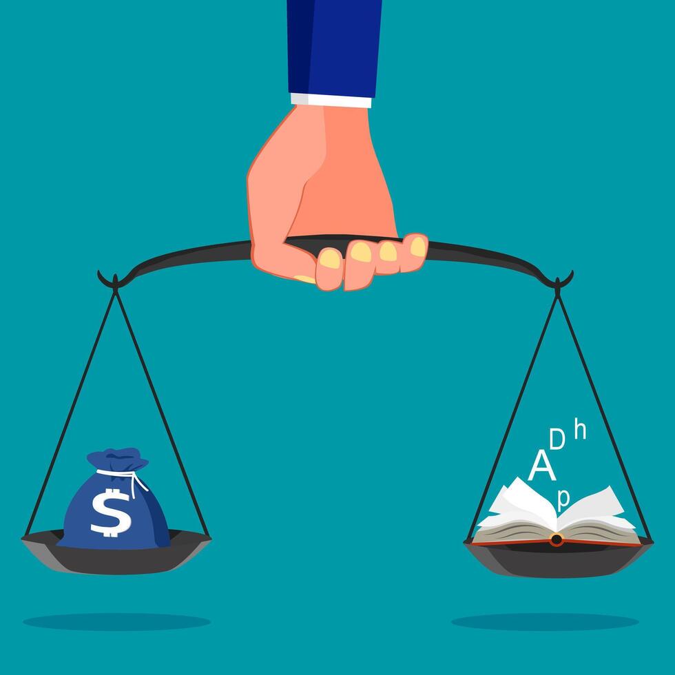 Businessman holding a weighing scale with a bag of money and books vector