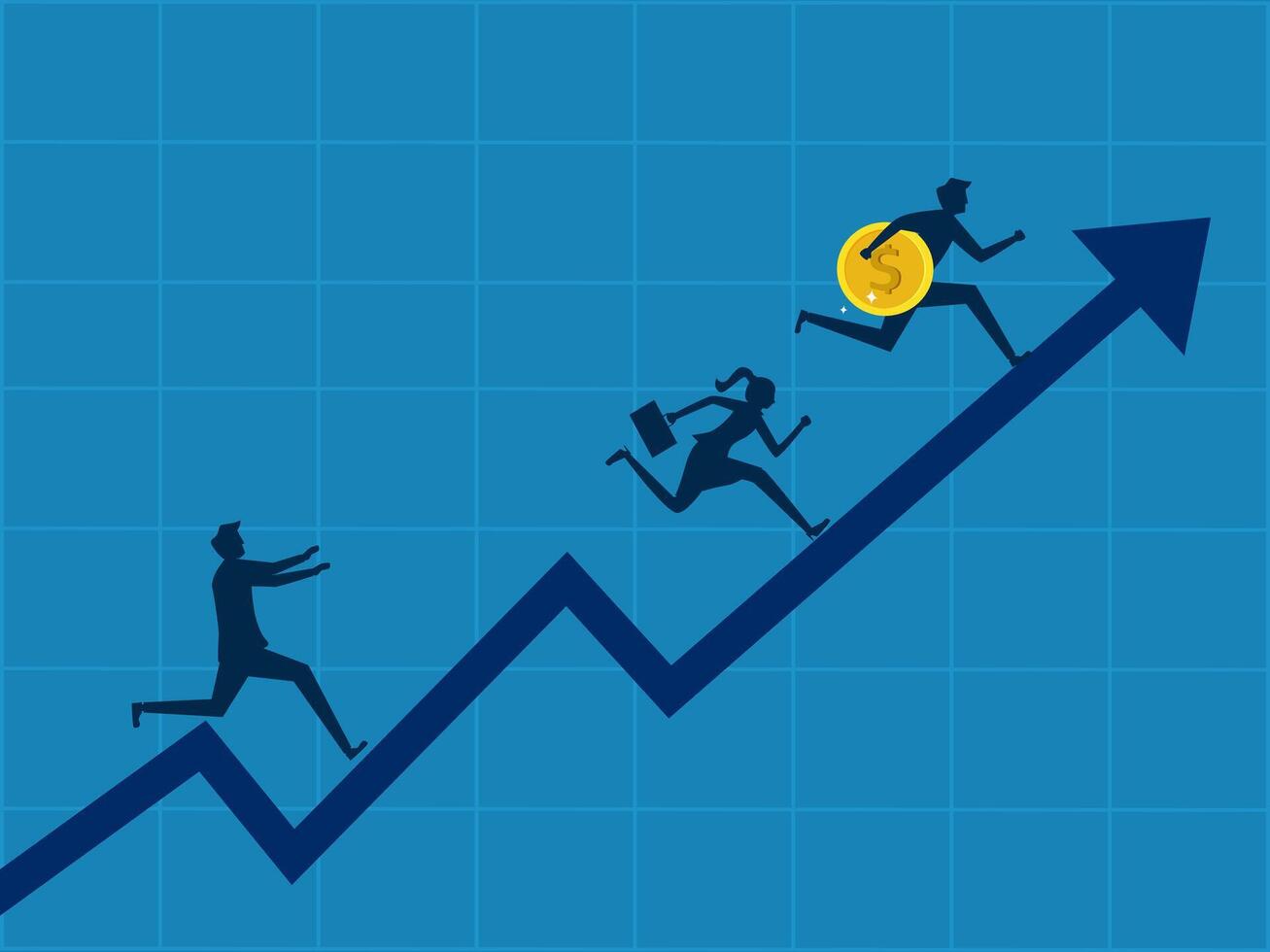 FOMO, fear of missing out. Businessman chases after people who get rich by trading stocks vector