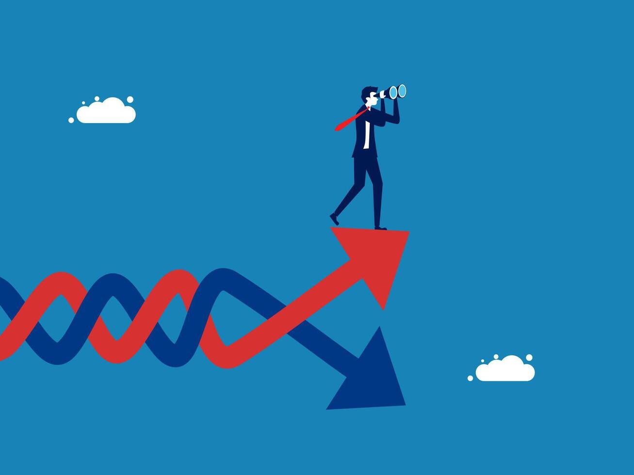 Businessman looks through binoculars on volatility graph. Investment concept vector