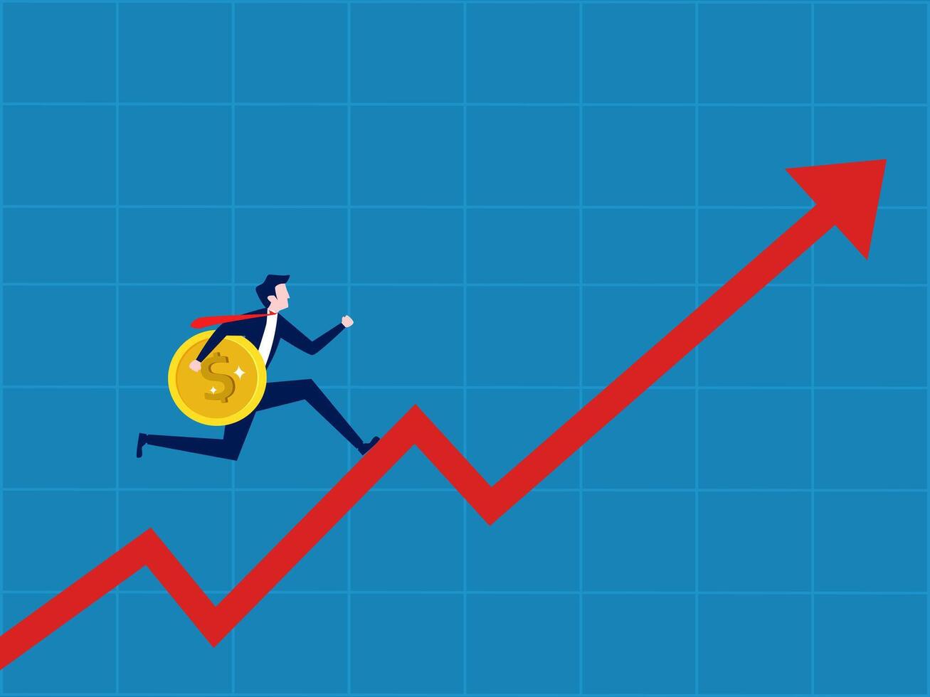 Investment strategy to make money. Businessman holding a coin running up on a growing graph vector