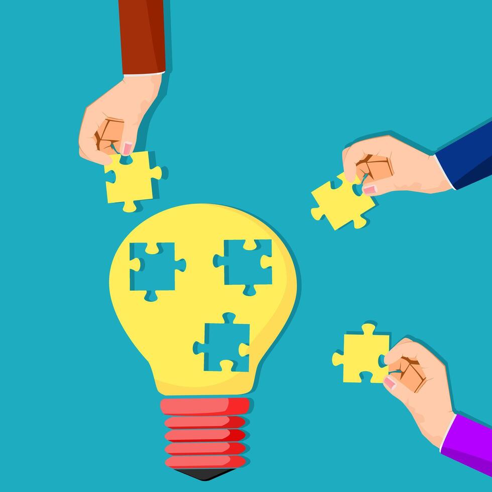 light bulb puzzle and human hand. concept of creative teamwork vector