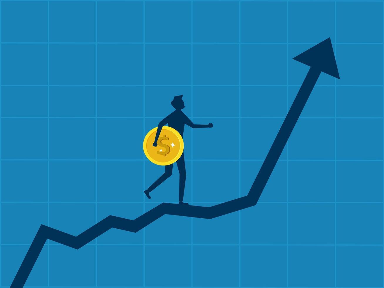 Wealth management. Businessman holding coin walking on growing graph vector