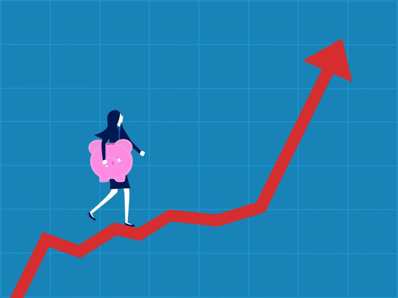Investment strategy. Businesswoman holding a piggy bank walking on a rising graph vector