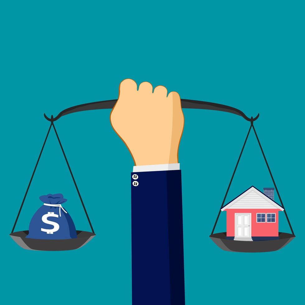 businessman holds the balance between a house that is as heavy as with a bag of money vector