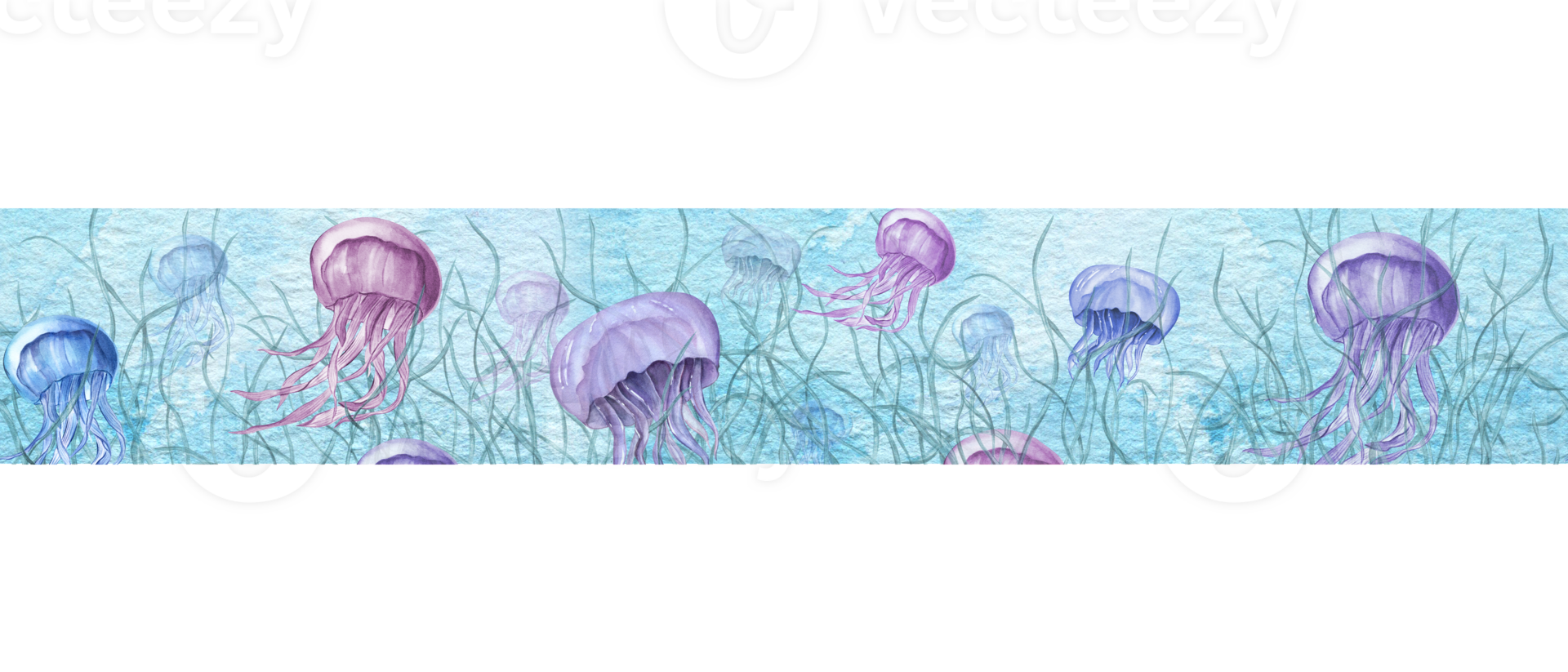 Floating medusa flock among plants. Seamless banner. Blue and violet jellyfish. Jellyfishes with long poisonous tentacles. Sea animals. Watercolor illustration. For package, design. png