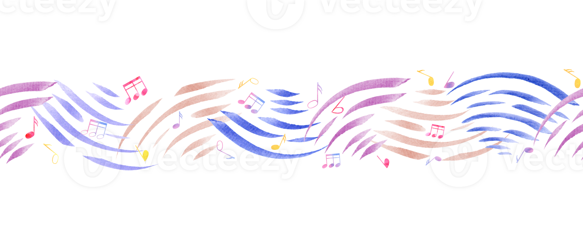 Seamless border with abstract music waves and music notes. Multicolored note symbols. Musical cute atmosphere. Watercolor illustration for textile, package, wrapping png
