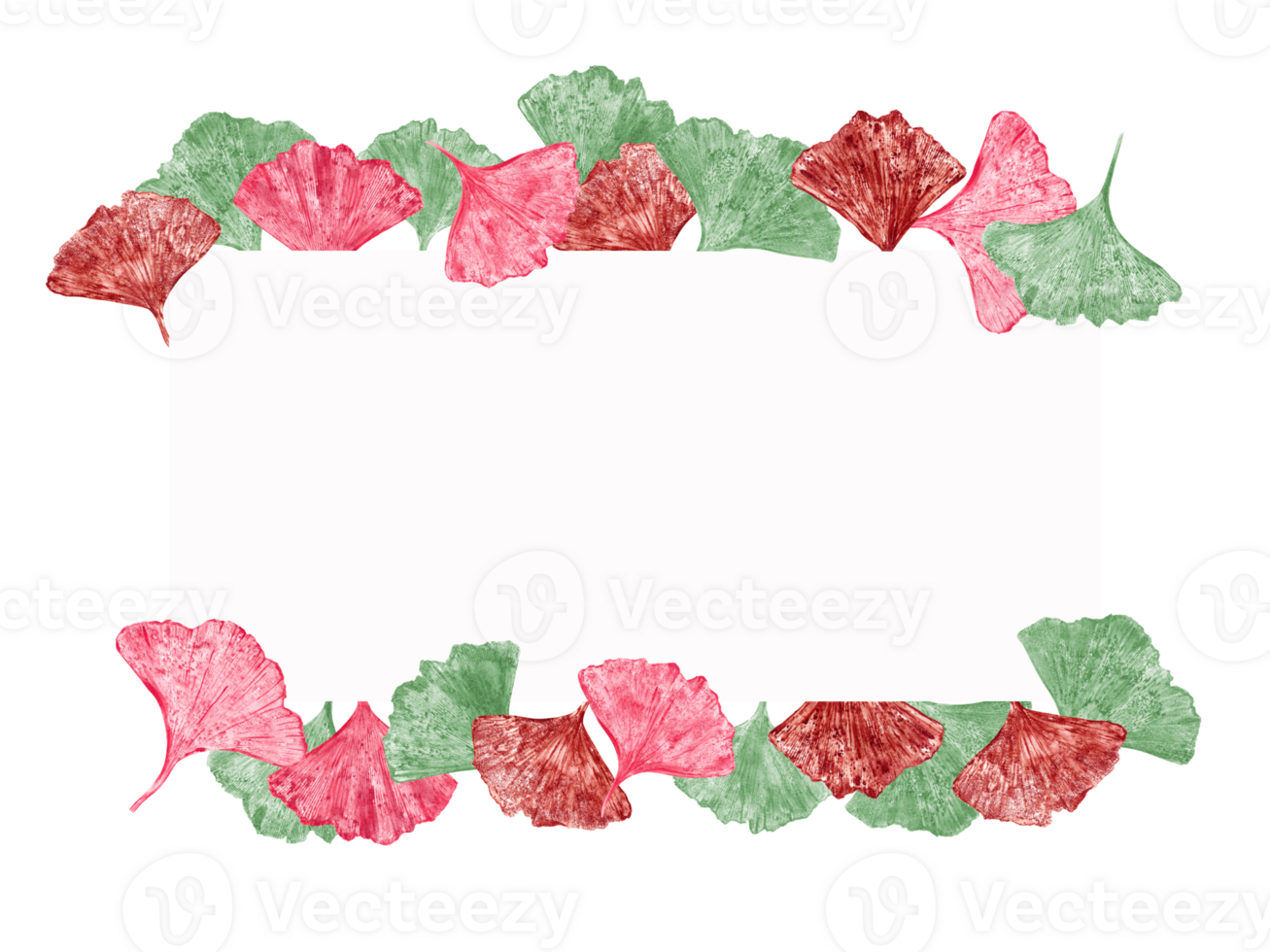 modisch Design Karte. Blatt Abdrücke im Rosa, Grün, rot Farben. horizontal Rahmen mit mehrfarbig Blätter und Raum zum Text. Ginkgo, Palme, trocken abstrakt Blätter. Aquarell Illustration png