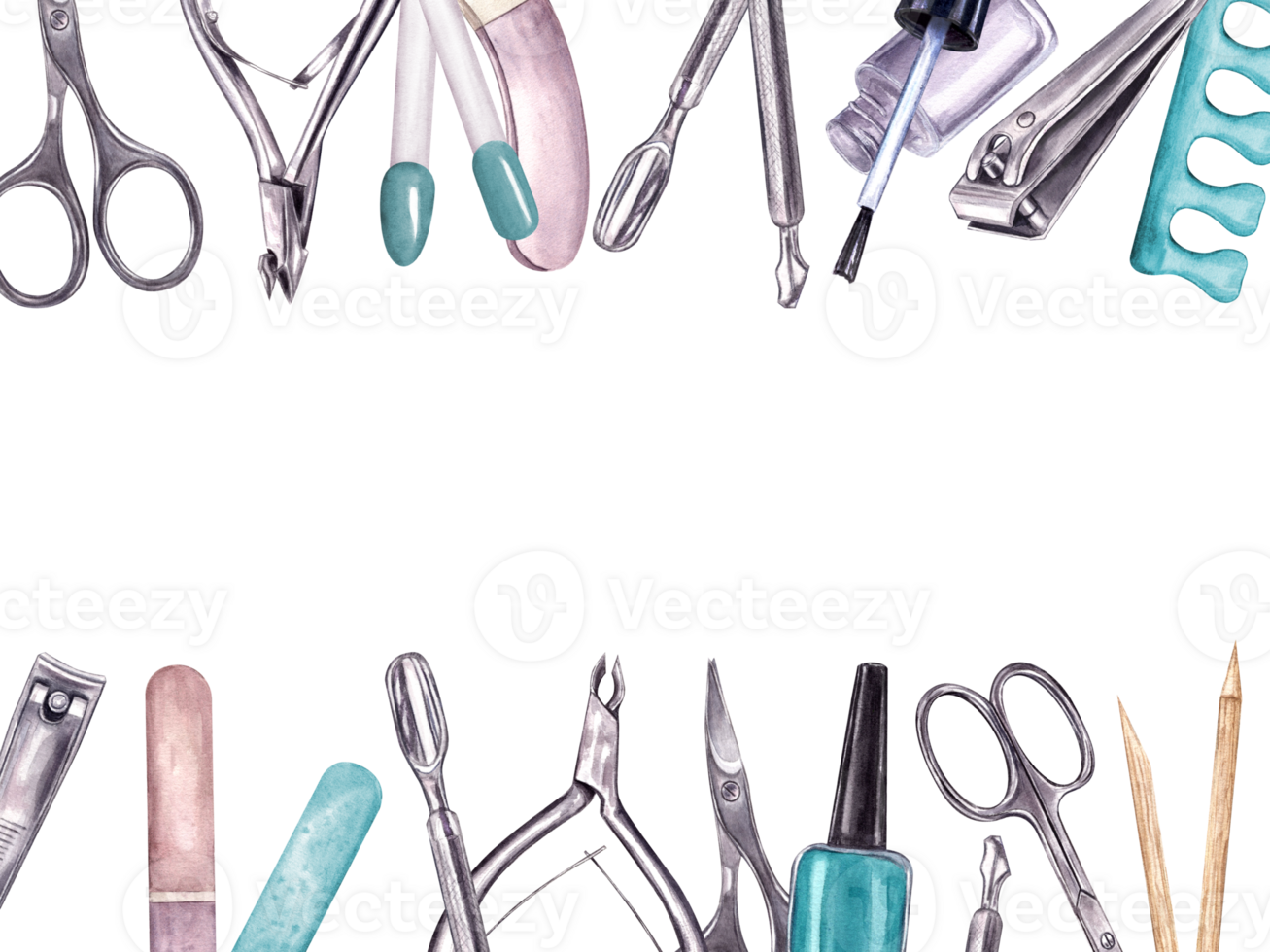 Manicure tools, color palette. Horizontal frame with copy space for text. Cosmetic instruments for manicure and pedicure procedure. Set in turquoise colors. Watercolor illustration. png