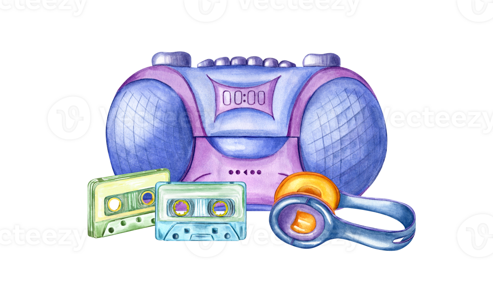 boombox jogador, dois audio cassetes e fone de ouvido. fita gravador