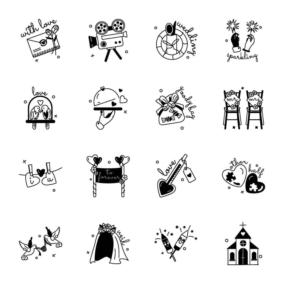 Set of Marriage Set of Marriage Ceremony Glyph Stickers Ceremony Glyph Stickers vector