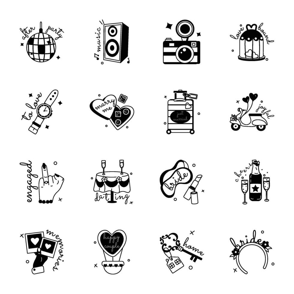 Pack of Wedding Ceremony Glyph Stickers vector