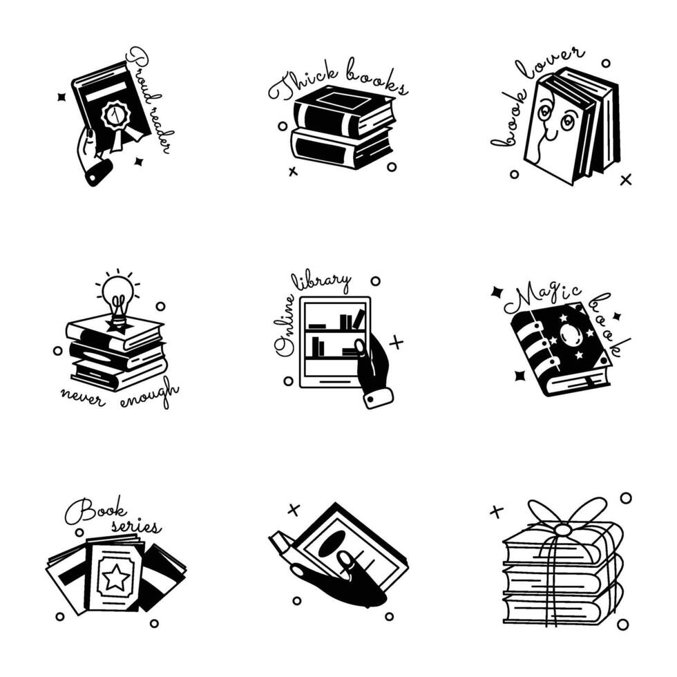 Pack of Reading Material Glyph Stickers vector