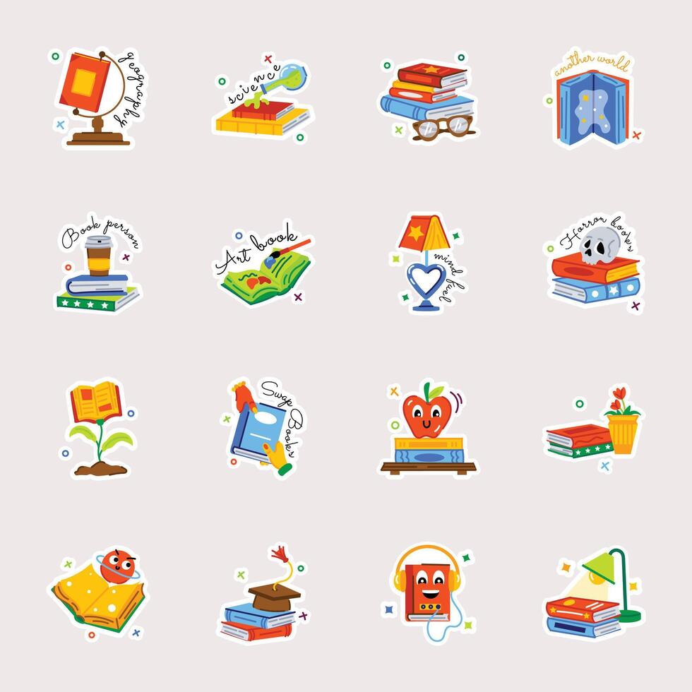 Modern Pack of Reading Books Flat Stickers vector