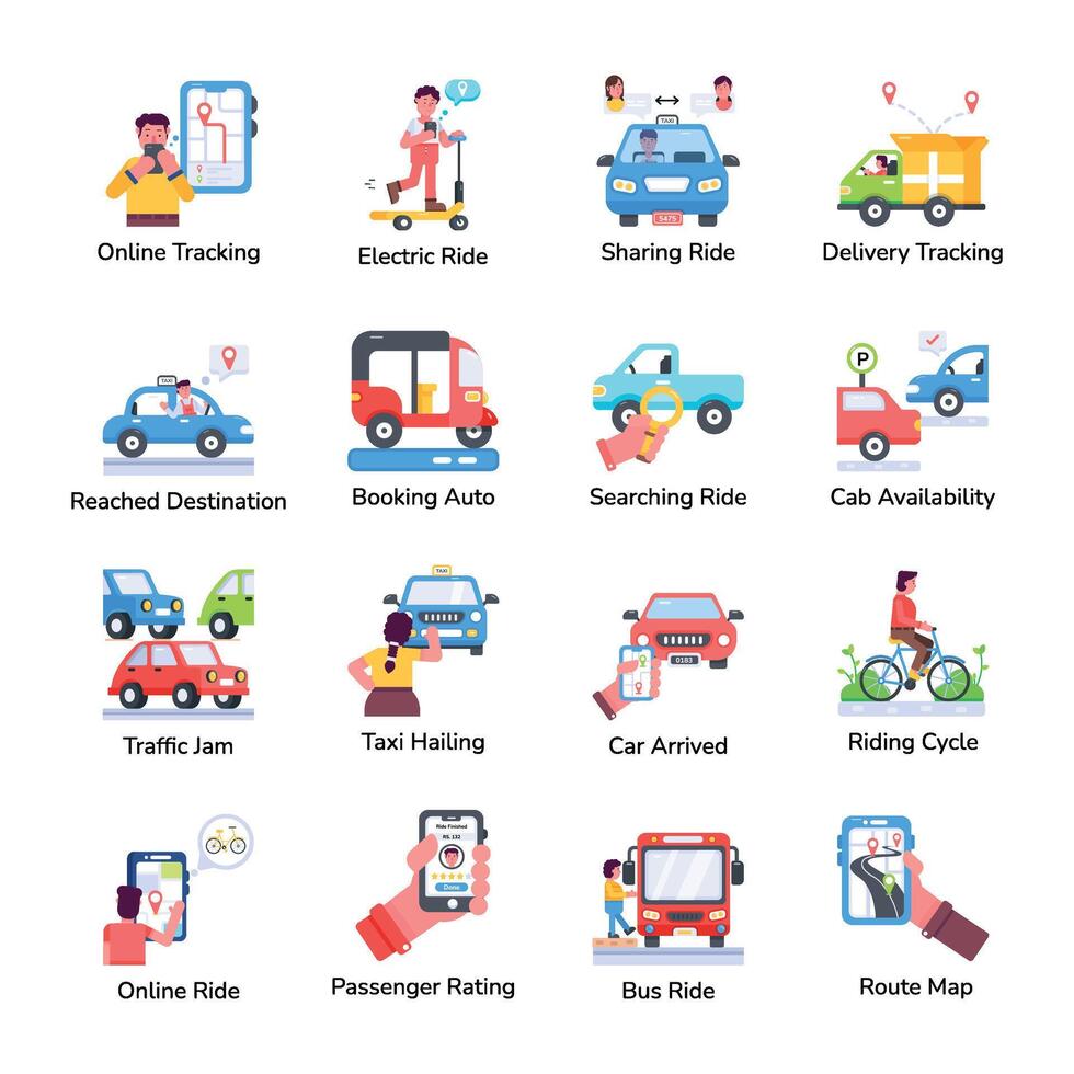 Ride Sharing and Transportation Flat Icons vector