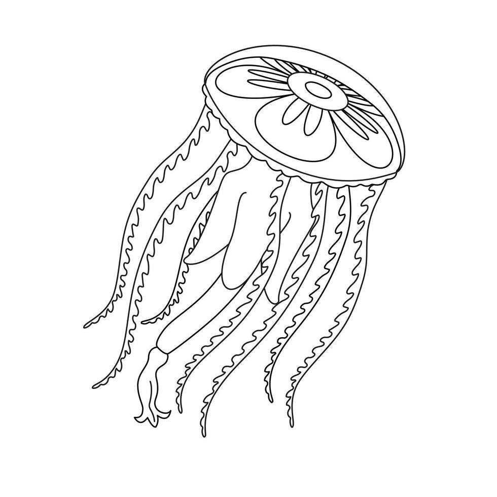 Jellyfish line art vector illustration. Black and white outline Jellyfish Coloring page for kids and adults. Page for relaxation and meditation. Vector illustration