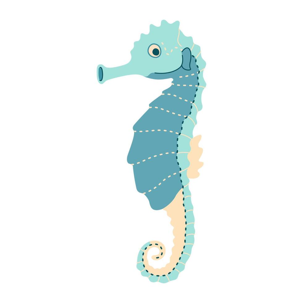 Cute blue seahorse. Sea and ocean Syngnathidae animal. Underwater life. Hippocampus character. Trendy flat vector illustration isolated on white background.