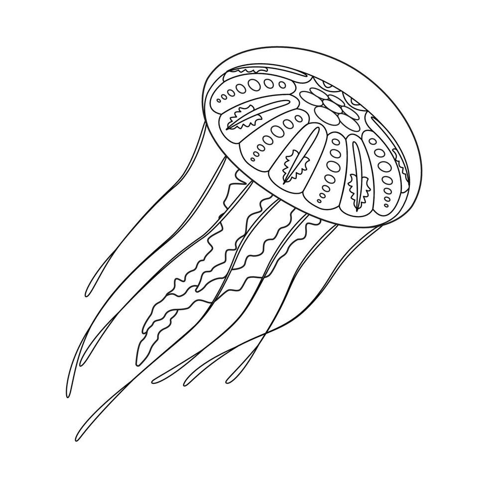 Jellyfish line art vector illustration. Black and white outline Jellyfish Coloring page for kids and adults. Page for relaxation and meditation. Vector illustration