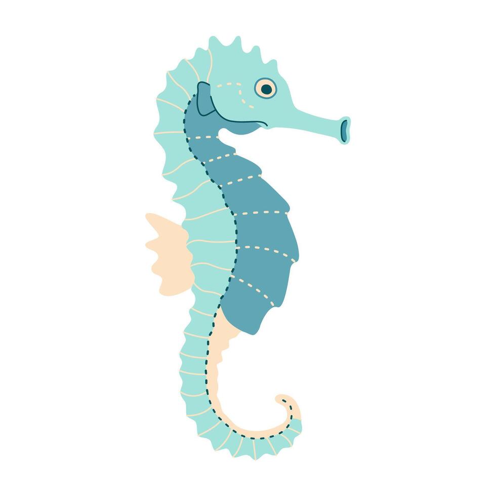 Cute blue seahorse. Sea and ocean Syngnathidae animal. Underwater life. Hippocampus character. Trendy flat vector illustration isolated on white background.