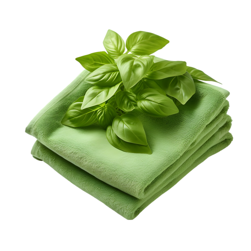 AI generated Fresh basil on a stack of green towels isolated png