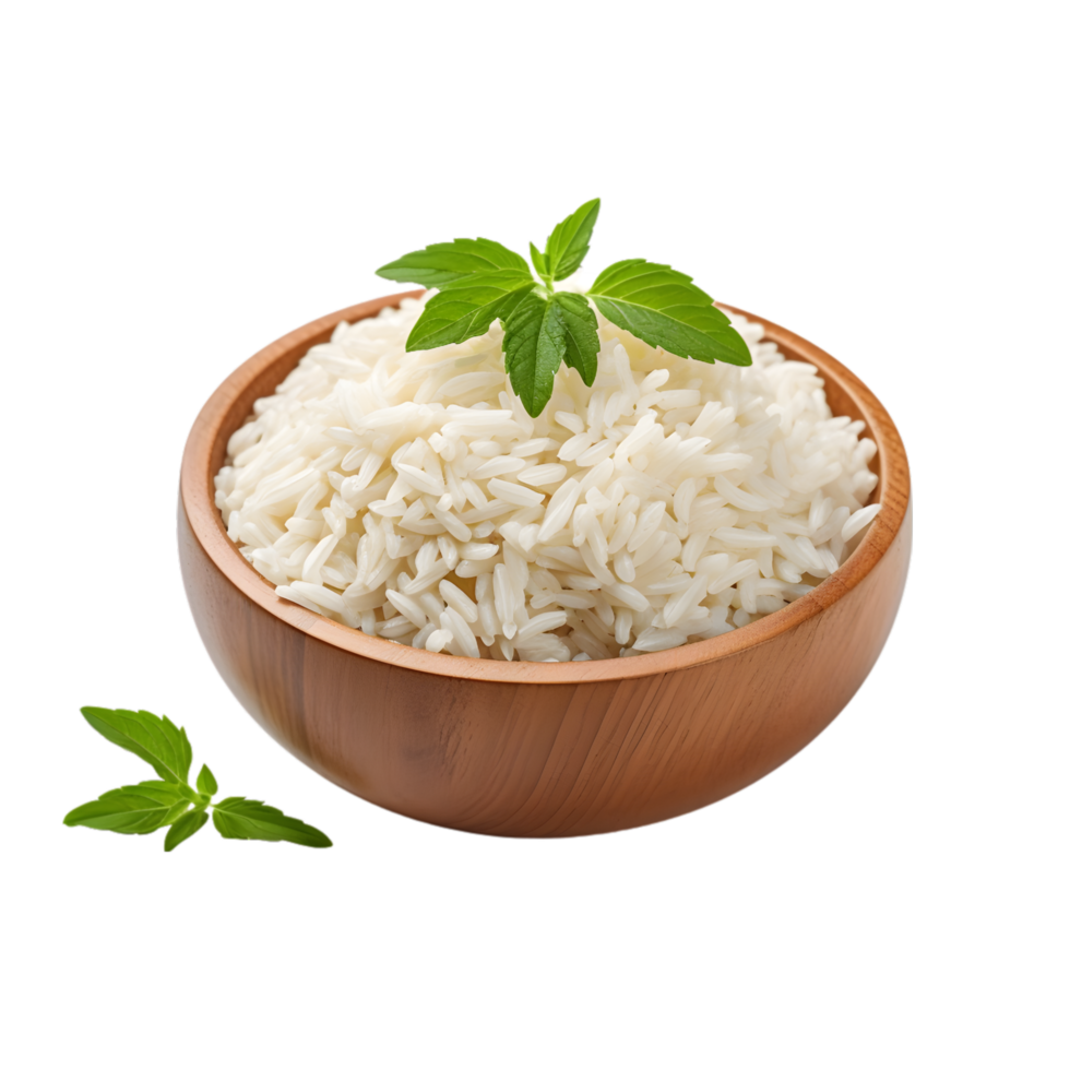 ai generado arroz en de madera cuenco con menta hojas aislado en png antecedentes.